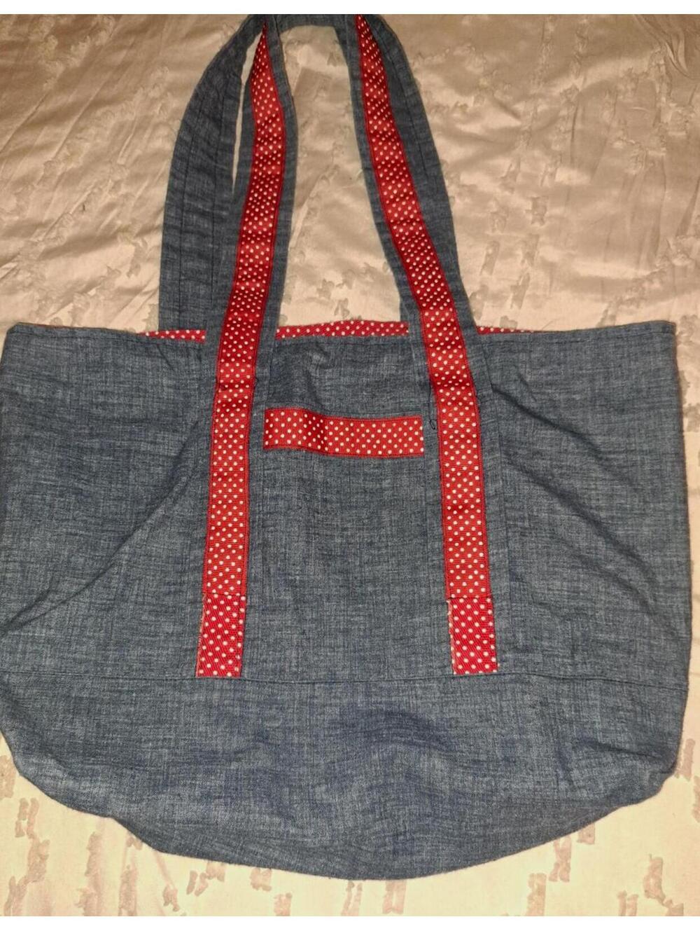 Vintage 1970's Handmade Navy and Red Polka Dot Denim Tote Bag